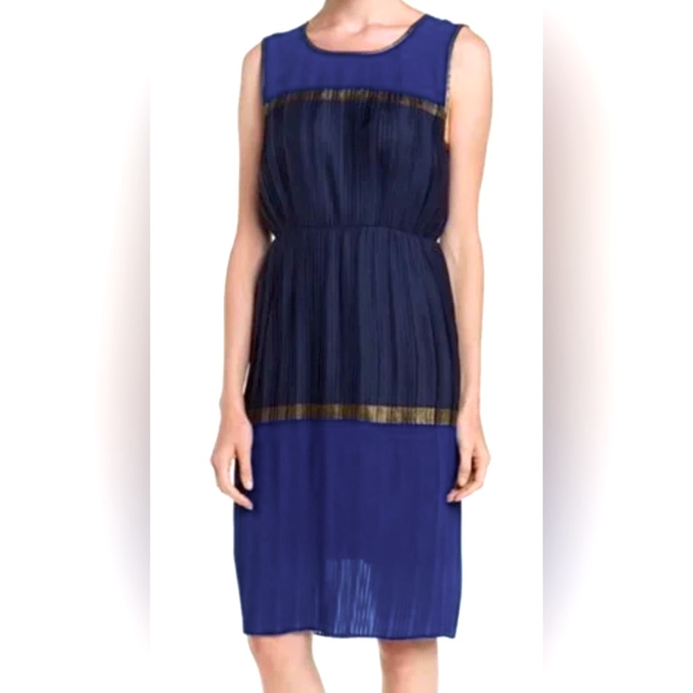 BCBG Maxazria Sleeveless Mara Plisse’ Dress in Royal & Navy w Old Gold Accents